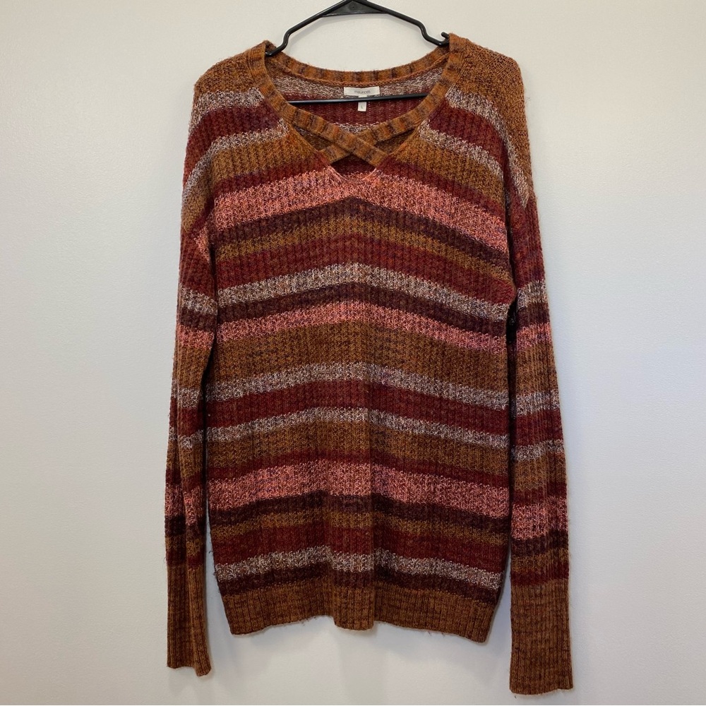 Striped criss cross neck sweater- Maurices